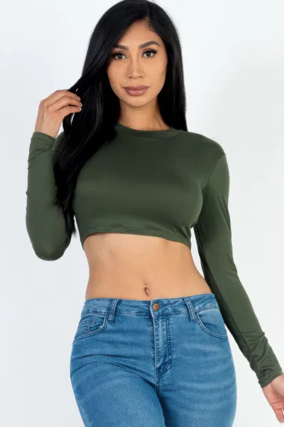 Fashnzfab Women's Crew Neck Long Sleeve Cropped Top In Green