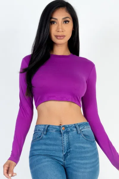Fashnzfab Women's Crew Neck Long Sleeve Cropped Top In Purple