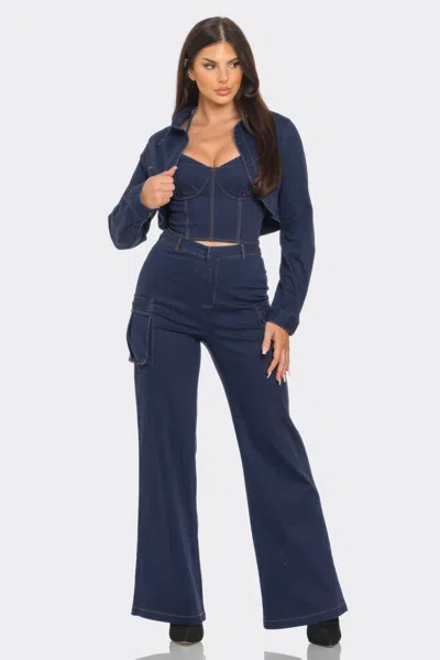 Fashnzfab Women's Crop Jacket 3pcs Set In Blue