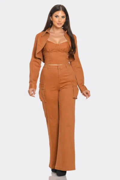 Fashnzfab Women's Crop Jacket 3pcs Set In Brown