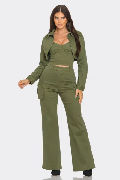 Fashnzfab Women's Crop Jacket 3pcs Set In Green