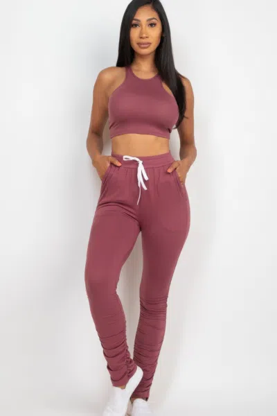 Fashnzfab Women's Crop Tank Top & Ruched Pants Set In Black