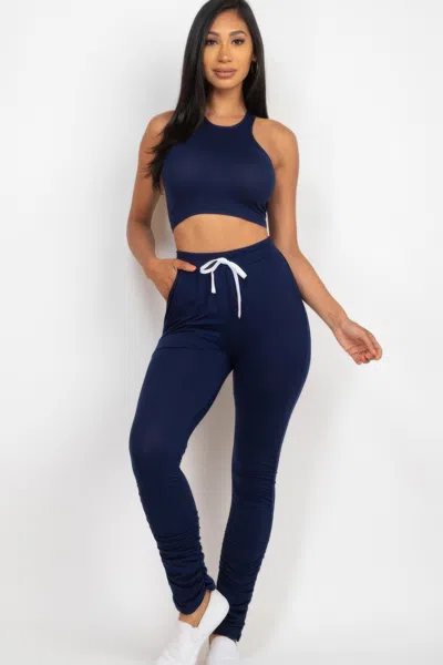 Fashnzfab Women's Crop Tank Top & Ruched Pants Set In Blue