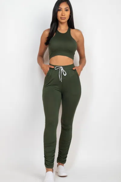 Fashnzfab Women's Crop Tank Top & Ruched Pants Set In Green