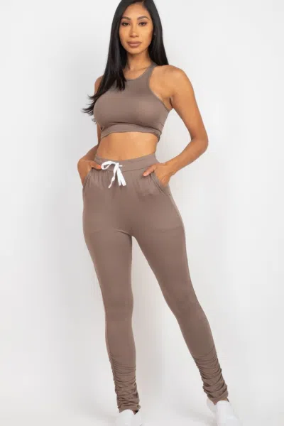 Fashnzfab Women's Crop Tank Top & Ruched Pants Set In Grey