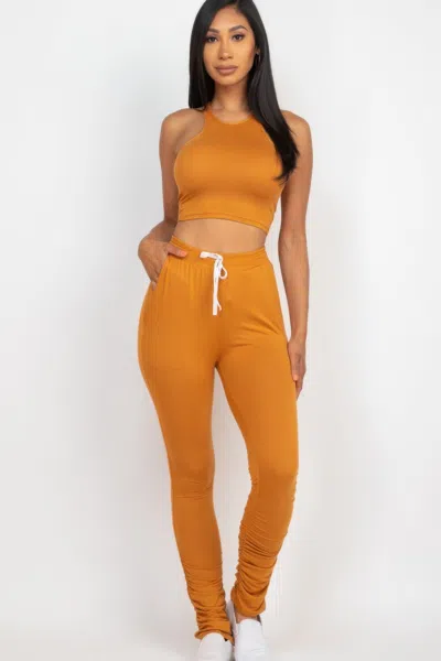 Fashnzfab Women's Crop Tank Top & Ruched Pants Set In Orange