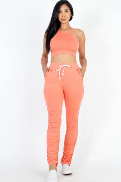 Fashnzfab Women's Crop Tank Top & Ruched Pants Set In Pink