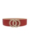 Fashnzfab Women's Double Circle Chain And Rhinestone Trim Design Belt In Red