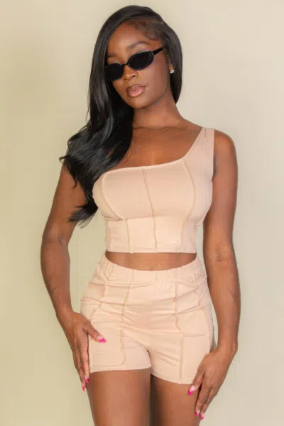 Fashnzfab Women's Exposed Seam One Shoulder Crop Top & Shorts Set In Beige