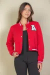 Fashnzfab Women's Ezwear Letter Patched Crop Varsity Jacket In Red