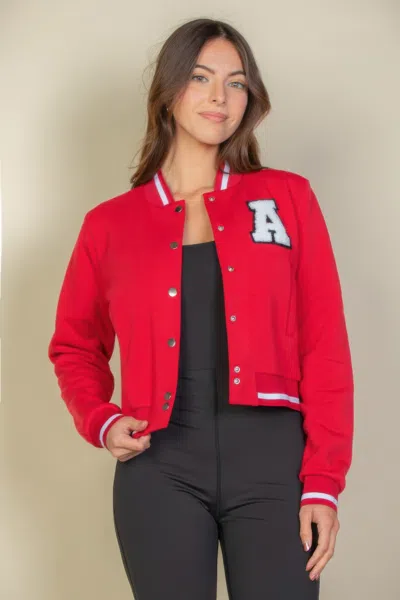 Fashnzfab Women's Ezwear Letter Patched Crop Varsity Jacket In Red