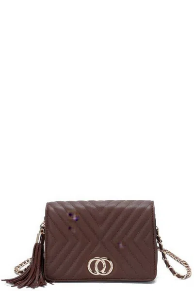 Fashnzfab Women's Fashion Double Metal Pattern Stitching Tassel Crossbody Bag In Brown