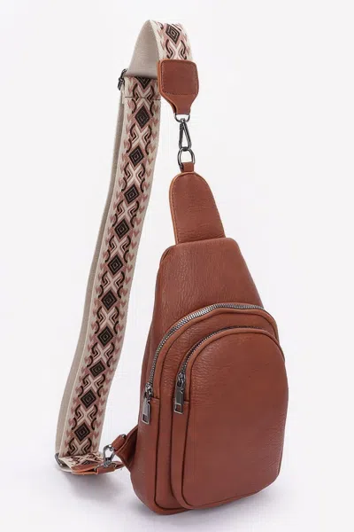 Fashnzfab Women's Faux Leather Sling Bag W/multi Color Strap In Brown