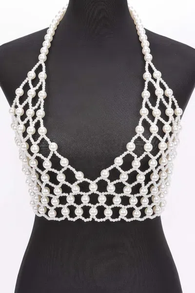 Fashnzfab Women's Faux Pearl Halter Neck Top In White
