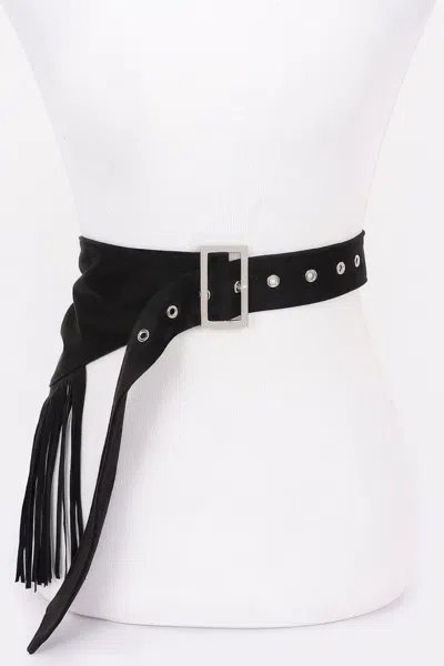 Fashnzfab Women's Faux Suede Fringe Belt In Black