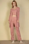 Fashnzfab Women's Flat Back Rib 3 Pieces Cami Top With Pants And Long Cardigan Set In Pink