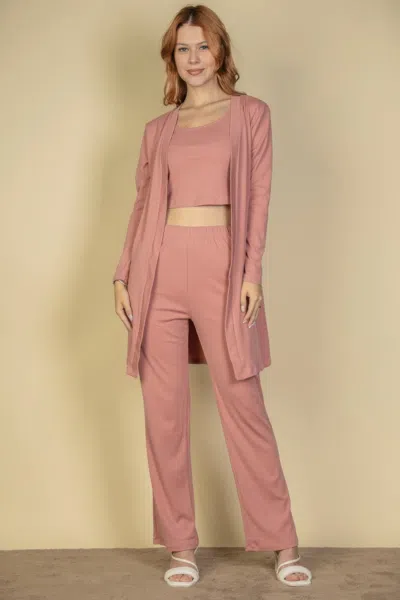 Fashnzfab Women's Flat Back Rib 3 Pieces Cami Top With Pants And Long Cardigan Set In Pink