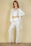 Fashnzfab Women's Flat Back Rib 3 Pieces Cami Top With Pants And Long Cardigan Set In White