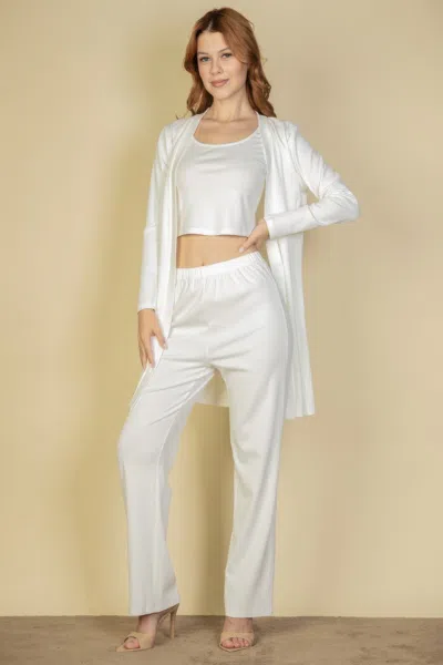 Fashnzfab Women's Flat Back Rib 3 Pieces Cami Top With Pants And Long Cardigan Set In White