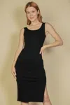 Fashnzfab Women's Flat Back Rib Sleeveless Tank Side Slit Bodycon Dress In Black