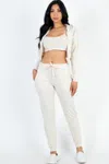 Fashnzfab Women's French Terry Cropped Cami With Zip-up Jacket And Joggers Set In Beige