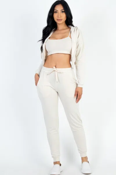 Fashnzfab Women's French Terry Cropped Cami With Zip-up Jacket And Joggers Set In Beige