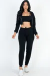 Fashnzfab Women's French Terry Cropped Cami With Zip-up Jacket And Joggers Set In Black