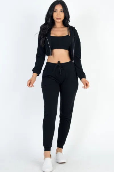 Fashnzfab Women's French Terry Cropped Cami With Zip-up Jacket And Joggers Set In Black
