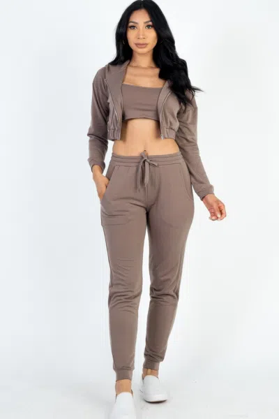 Fashnzfab Women's French Terry Cropped Cami With Zip-up Jacket And Joggers Set In Brown