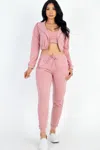 Fashnzfab Women's French Terry Cropped Cami With Zip-up Jacket And Joggers Set In Pink