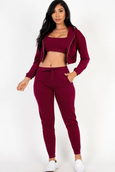 Fashnzfab Women's French Terry Cropped Cami With Zip-up Jacket And Joggers Set In White