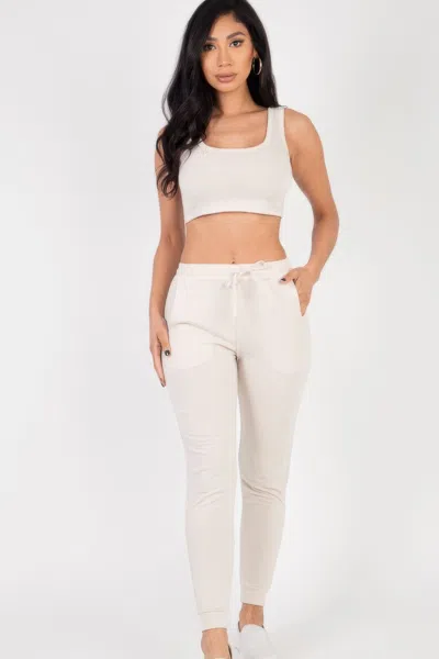 Fashnzfab Women's French Terry Cropped Tank Top & Joggers Set In Beige