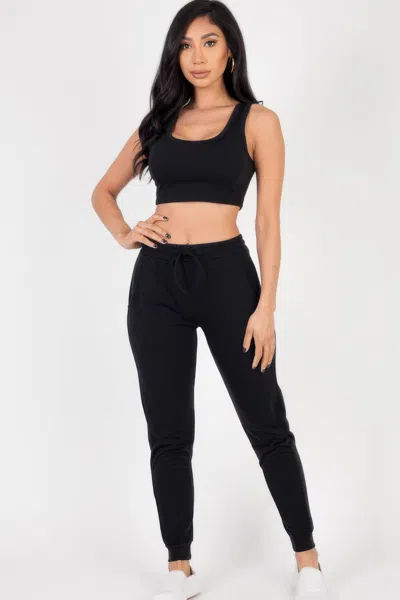 Fashnzfab Women's French Terry Cropped Tank Top & Joggers Set In Black