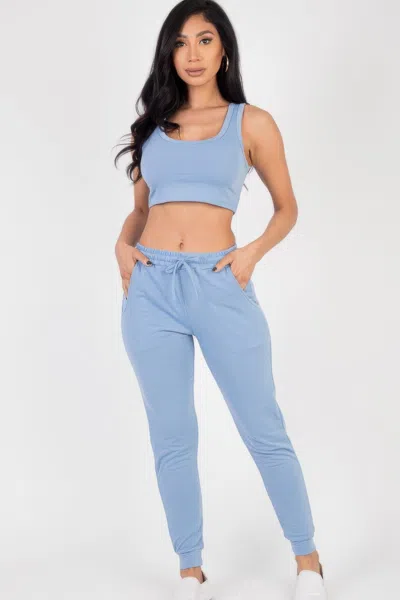 Fashnzfab Women's French Terry Cropped Tank Top & Joggers Set In Blue