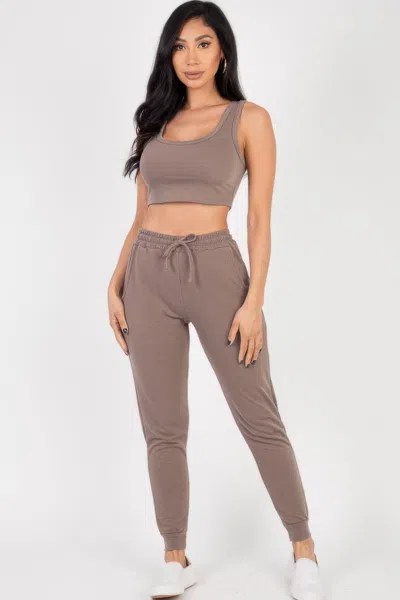Fashnzfab Women's French Terry Cropped Tank Top & Joggers Set In Grey