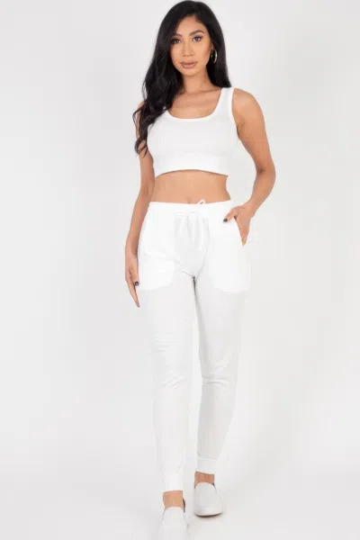 Fashnzfab Women's French Terry Cropped Tank Top & Joggers Set In White