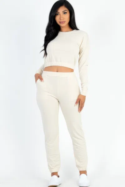 Fashnzfab Women's French Terry Elastic Waist Pullover & Joggers Set In Beige