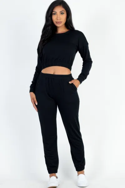 Fashnzfab Women's French Terry Elastic Waist Pullover & Joggers Set In Black