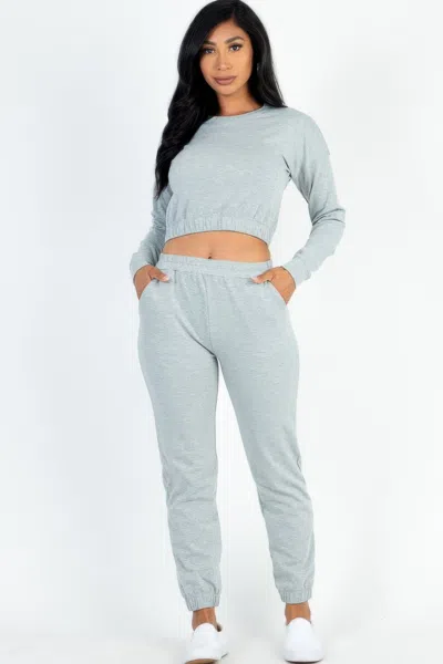 Fashnzfab Women's French Terry Elastic Waist Pullover & Joggers Set In Grey