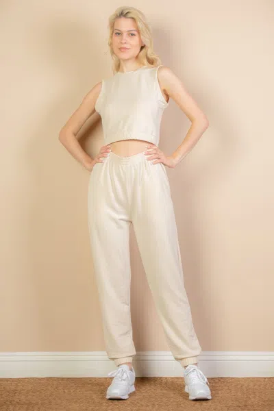 Fashnzfab Women's French Terry Elastic Waist Tank Top & Joggers Set In Beige