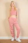 Fashnzfab Women's French Terry Elastic Waist Tank Top & Joggers Set In Pink