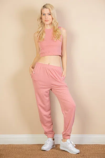 Fashnzfab Women's French Terry Elastic Waist Tank Top & Joggers Set In Pink