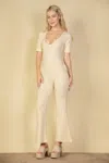 Fashnzfab Women's French Terry Short Sleeve Flare Jumpsuit In Beige