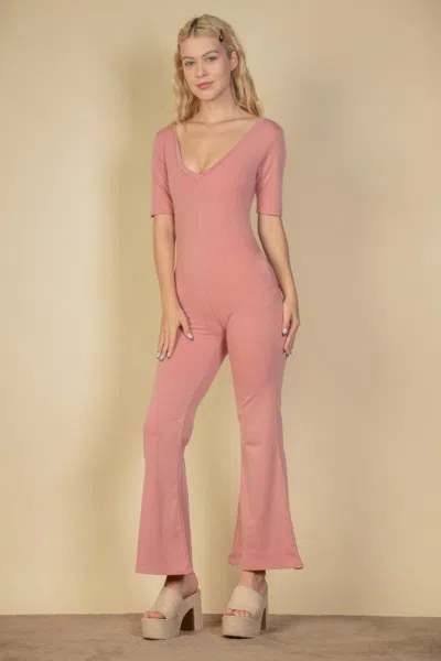 Fashnzfab Women's French Terry Short Sleeve Flare Jumpsuit In Pink