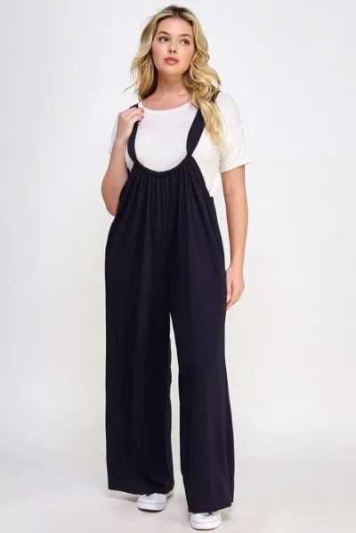 Fashnzfab Women's French Terry Wide Leg Jumpsuit Overalls In Black