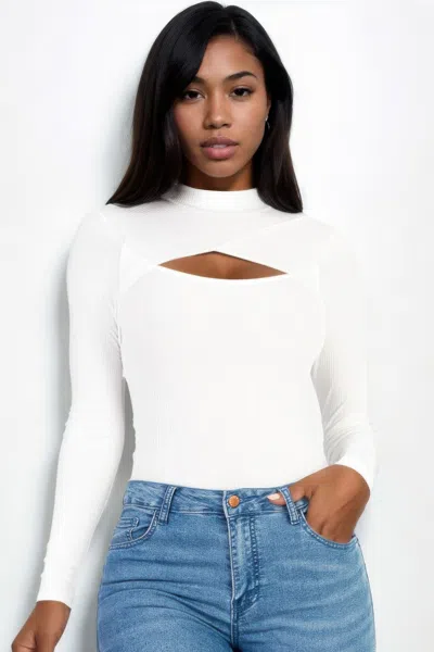 Fashnzfab Women's Front Cutout Long Sleeve Bodysuit In White