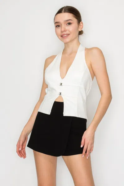 Fashnzfab Women's Halter Neck Buckled Open-back Top In White