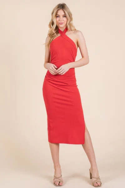 Fashnzfab Women's Halter Tied Criss-cross Midi Ribbed Dress In Multi