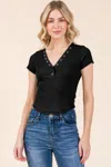 Fashnzfab Women's Insert Lace Snap Detail Top W/ Reverse Stitch In Black