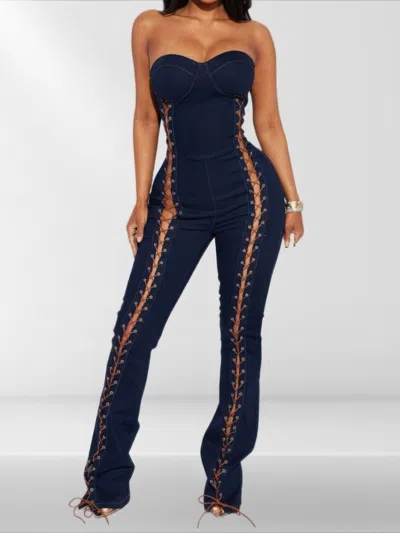 Fashnzfab Women's Lace Up Detail Denim Jumpsuit In Multi